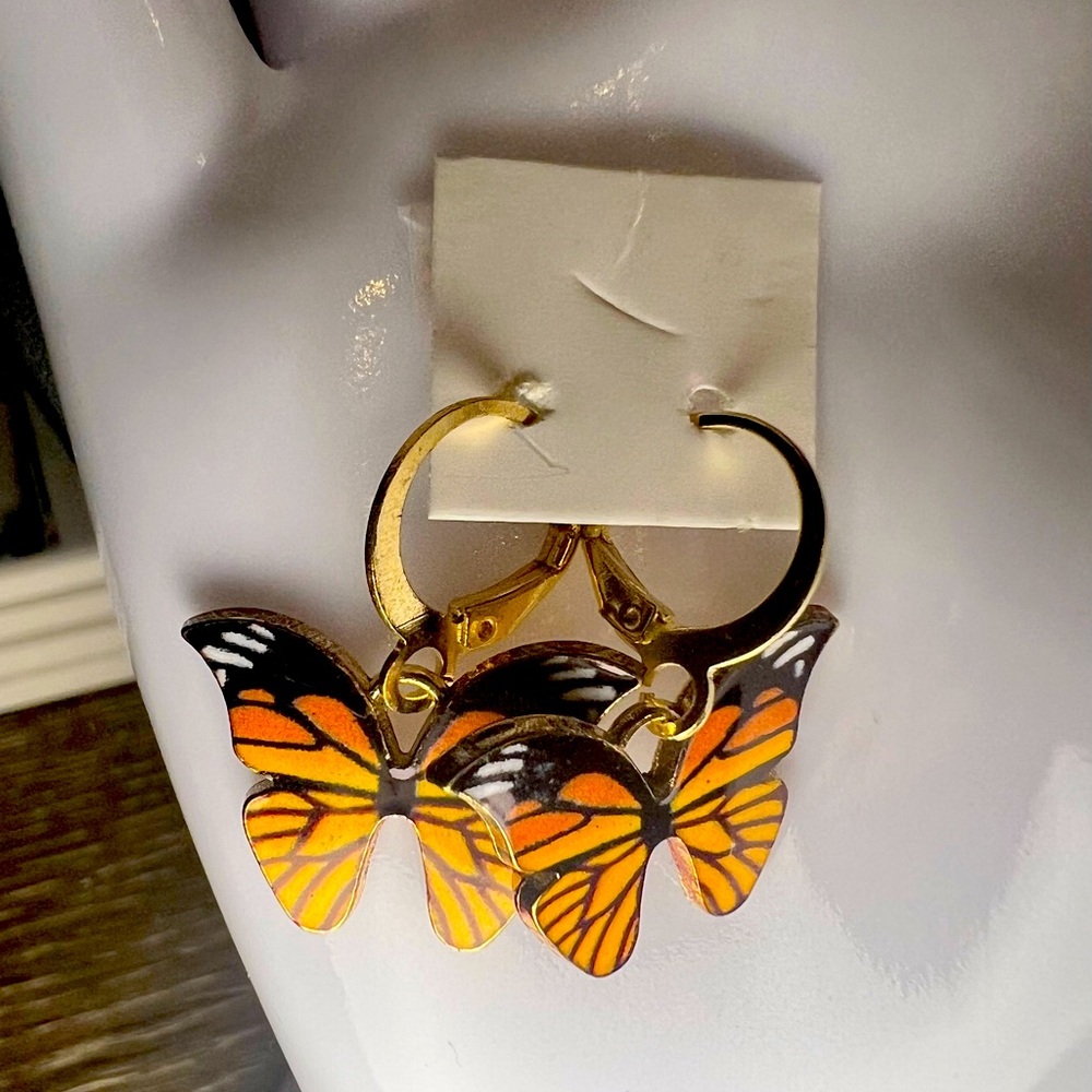 Butterfly Hoop Earrings in Gold and Orange